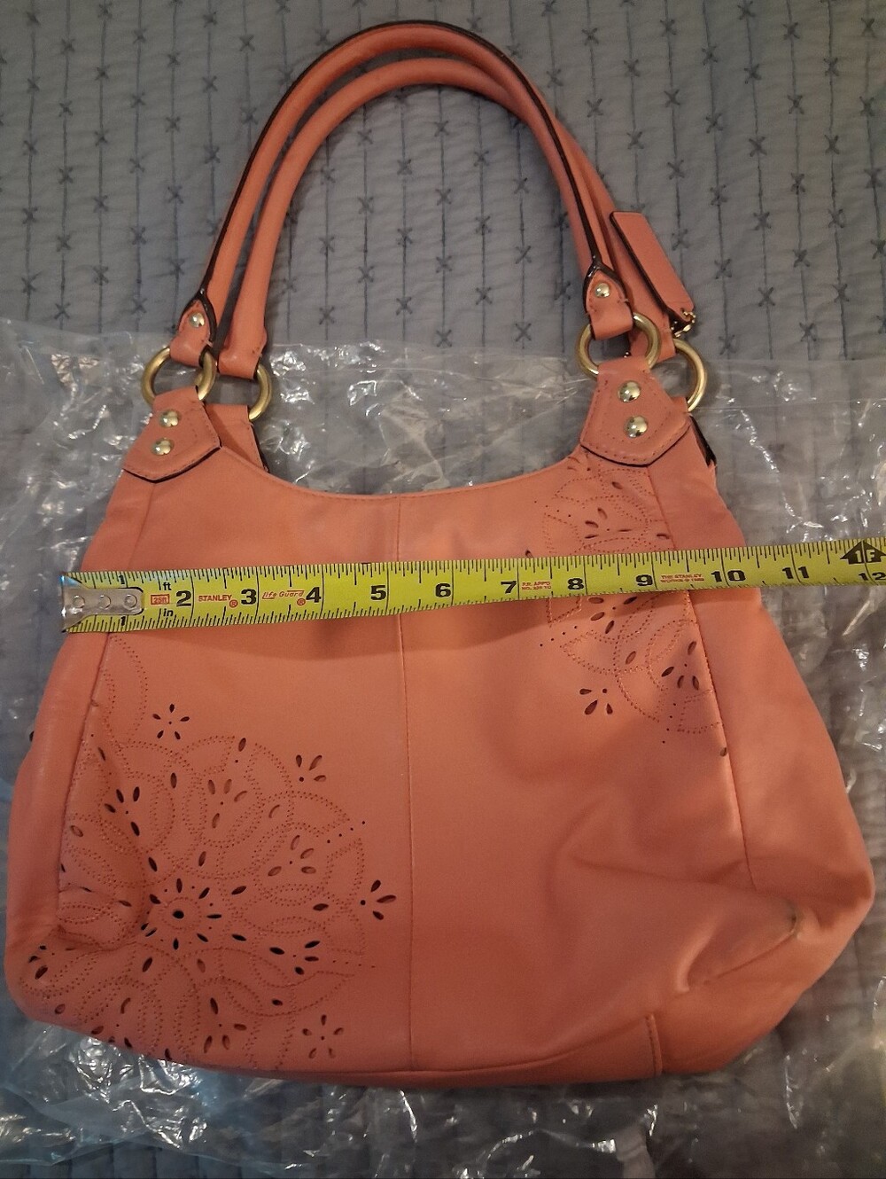 Coach Coral Laser-Cut Leather Shoulder Bag with Gold Hardware - Picture 12 of 16